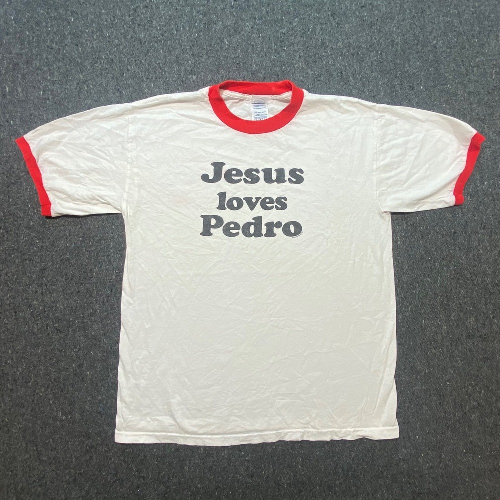 Delta Ringer‎ Tee M Mens White Jesus Loves Pedro Graphic Retro Humor T-Shirt